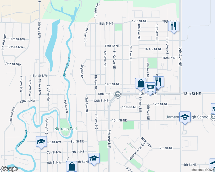 map of restaurants, bars, coffee shops, grocery stores, and more near 1344 5th Avenue Northeast in Jamestown