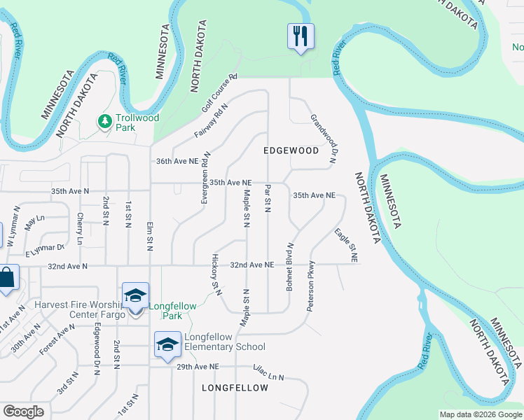 map of restaurants, bars, coffee shops, grocery stores, and more near 3201-3499 Par St NE in Fargo