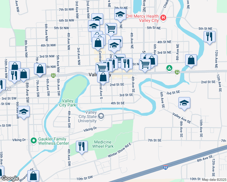 map of restaurants, bars, coffee shops, grocery stores, and more near 237 3rd Street Southeast in Valley City