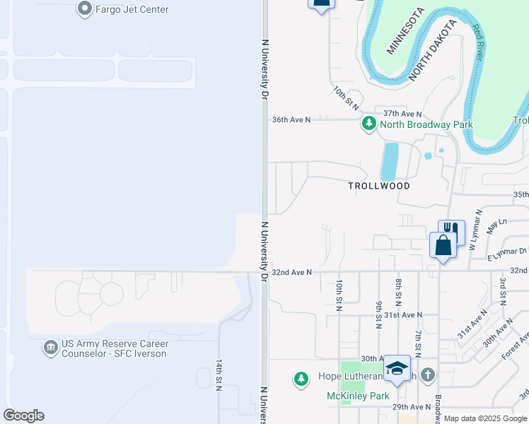 map of restaurants, bars, coffee shops, grocery stores, and more near 3400 North University Drive in Fargo