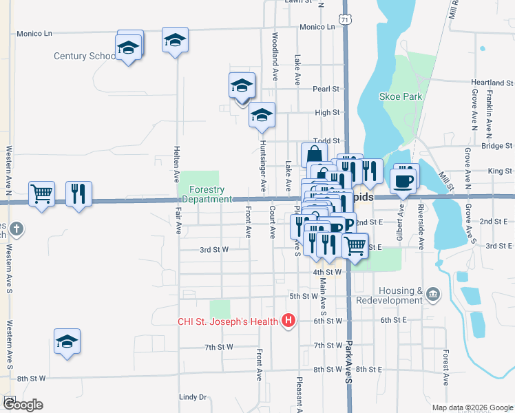 map of restaurants, bars, coffee shops, grocery stores, and more near 410 1st Street West in Park Rapids