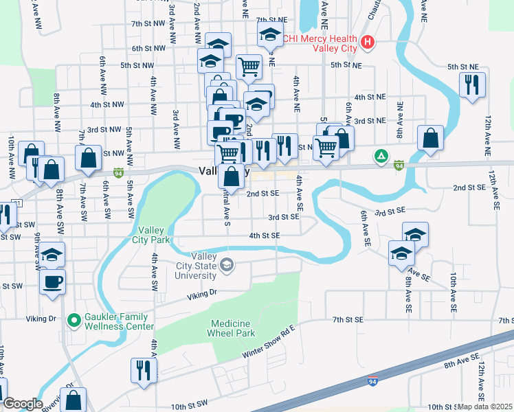 map of restaurants, bars, coffee shops, grocery stores, and more near 237 3rd Street Southeast in Valley City