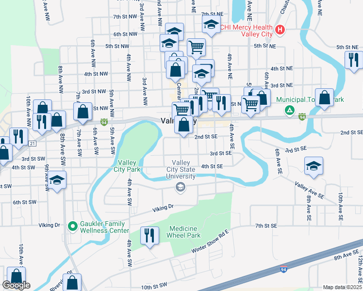 map of restaurants, bars, coffee shops, grocery stores, and more near 251 Central Avenue South in Valley City