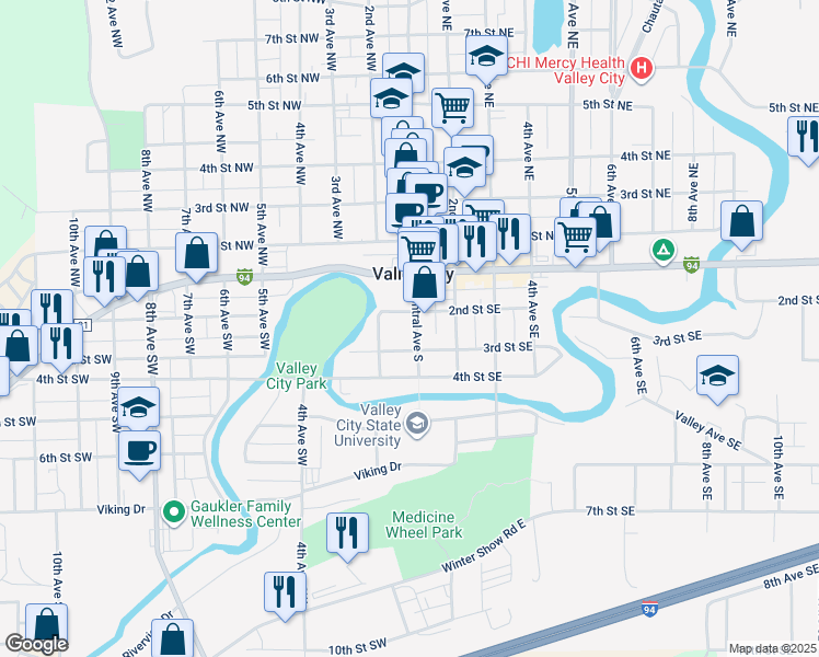 map of restaurants, bars, coffee shops, grocery stores, and more near 230 Central Avenue South in Valley City