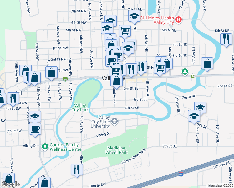 map of restaurants, bars, coffee shops, grocery stores, and more near 227 Central Avenue South in Valley City