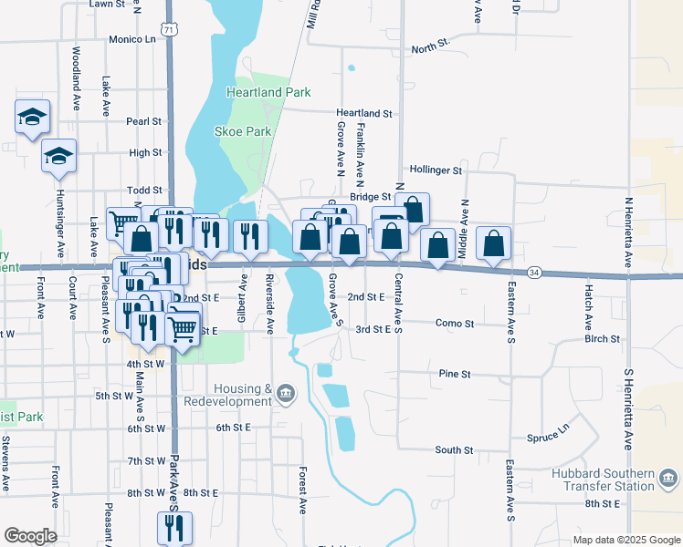 map of restaurants, bars, coffee shops, grocery stores, and more near 110 Grove Avenue North in Park Rapids