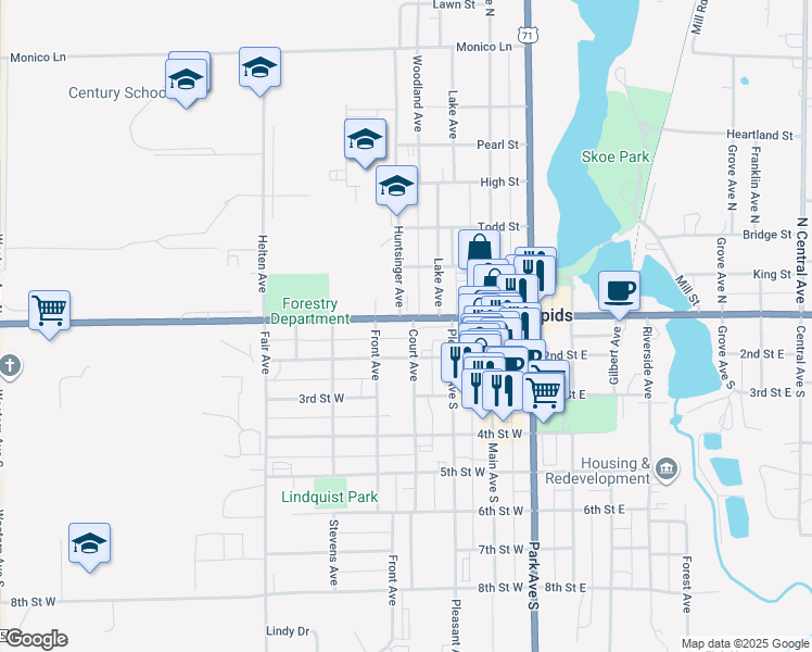 map of restaurants, bars, coffee shops, grocery stores, and more near 410 1st Street West in Park Rapids