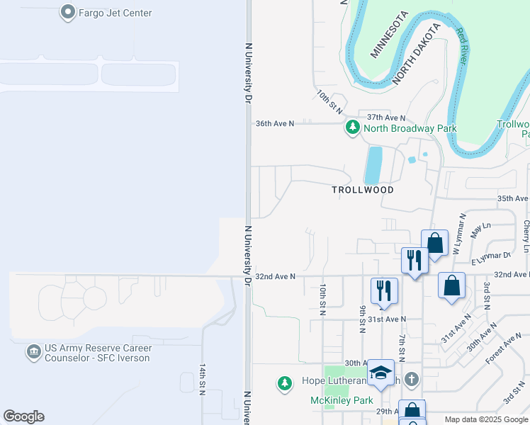 map of restaurants, bars, coffee shops, grocery stores, and more near 1200-1244 Monte Carlo Drive in Fargo