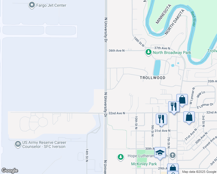 map of restaurants, bars, coffee shops, grocery stores, and more near 3260-3398 North University Drive in Fargo
