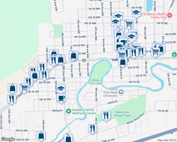 map of restaurants, bars, coffee shops, grocery stores, and more near 231 5th Avenue Southwest in Valley City