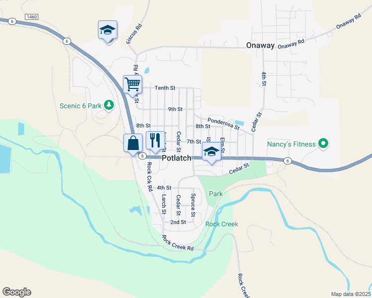 map of restaurants, bars, coffee shops, grocery stores, and more near in Potlatch