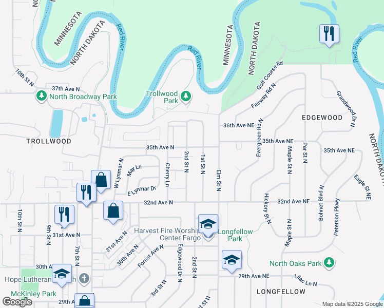 map of restaurants, bars, coffee shops, grocery stores, and more near 3406 1st Street North in Fargo