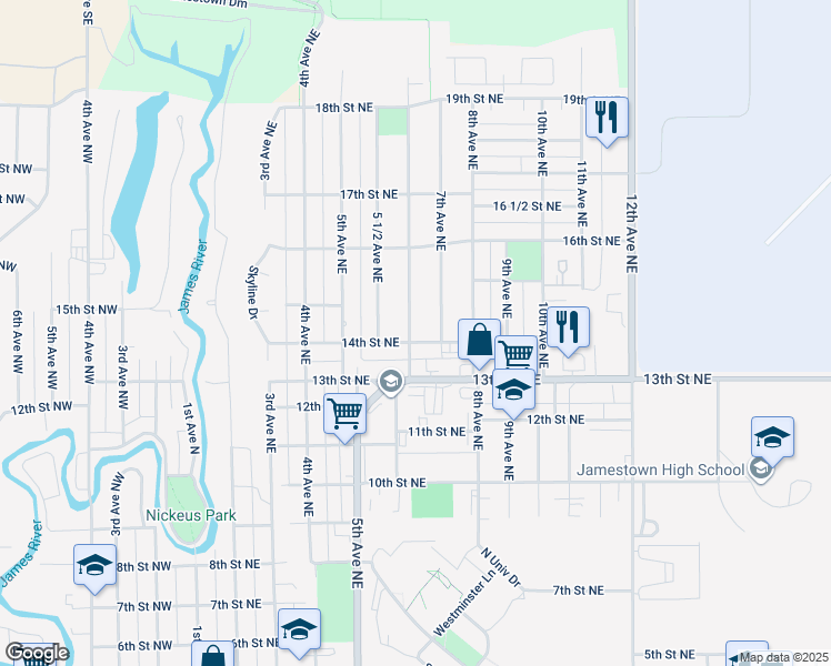 map of restaurants, bars, coffee shops, grocery stores, and more near 610 14th Street Northeast in Jamestown