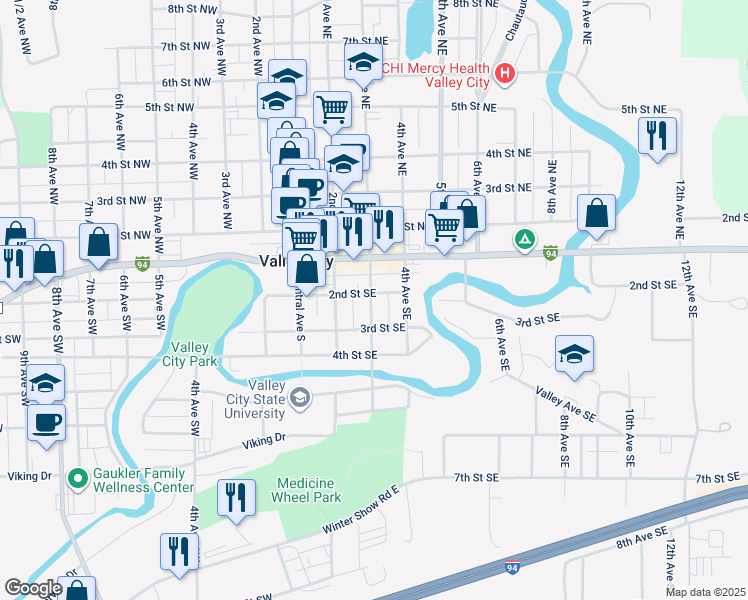 map of restaurants, bars, coffee shops, grocery stores, and more near 205 3rd Avenue Southeast in Valley City