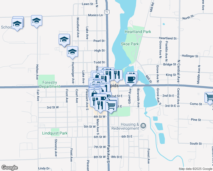 map of restaurants, bars, coffee shops, grocery stores, and more near in Park Rapids