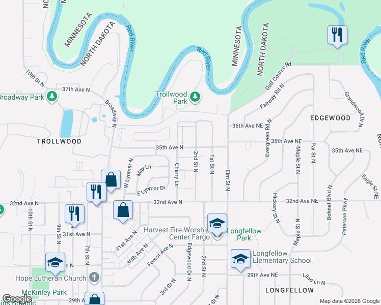 map of restaurants, bars, coffee shops, grocery stores, and more near 3407 Cherry Lane in Fargo