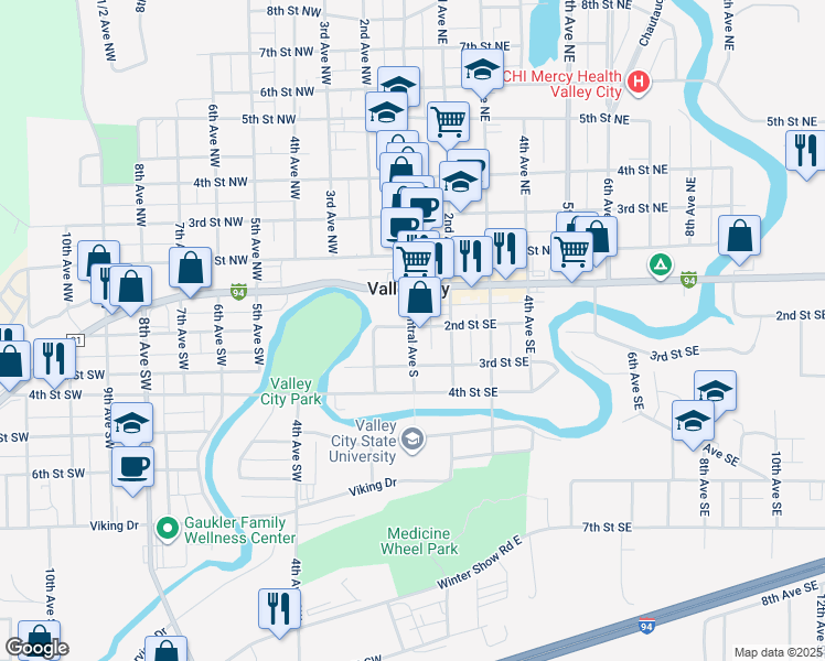 map of restaurants, bars, coffee shops, grocery stores, and more near 251 Central Avenue South in Valley City