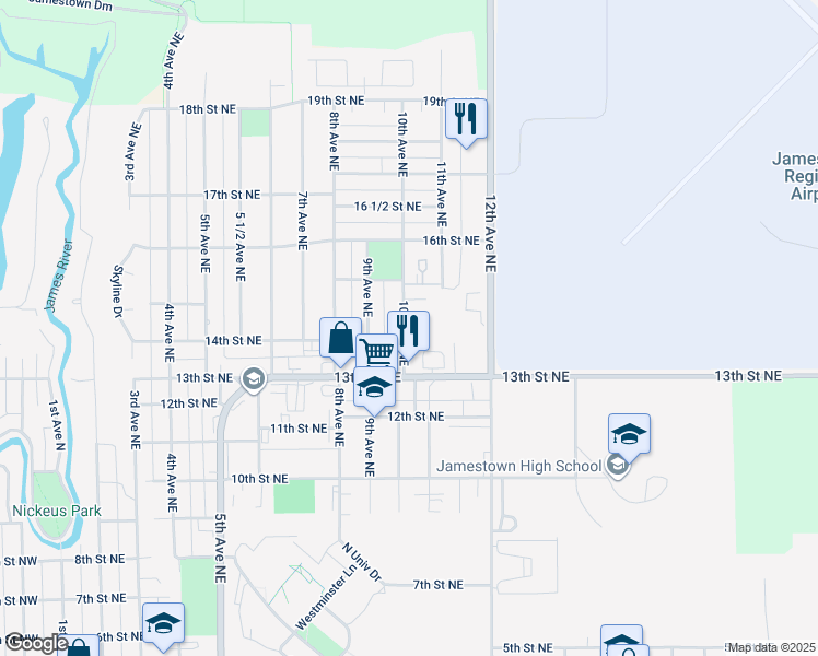 map of restaurants, bars, coffee shops, grocery stores, and more near 1310 10th Avenue Northeast in Jamestown
