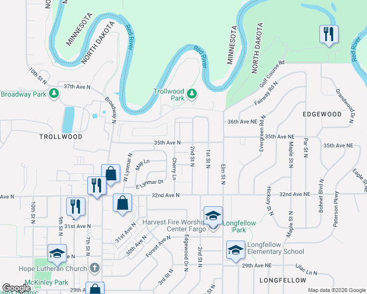 map of restaurants, bars, coffee shops, grocery stores, and more near 210 35th Avenue North in Fargo
