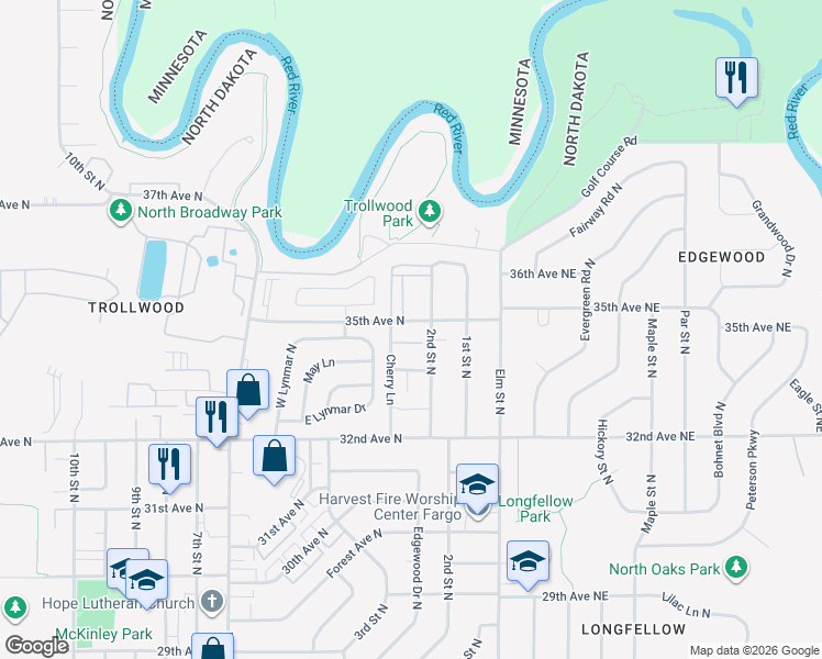 map of restaurants, bars, coffee shops, grocery stores, and more near 210 35th Avenue North in Fargo