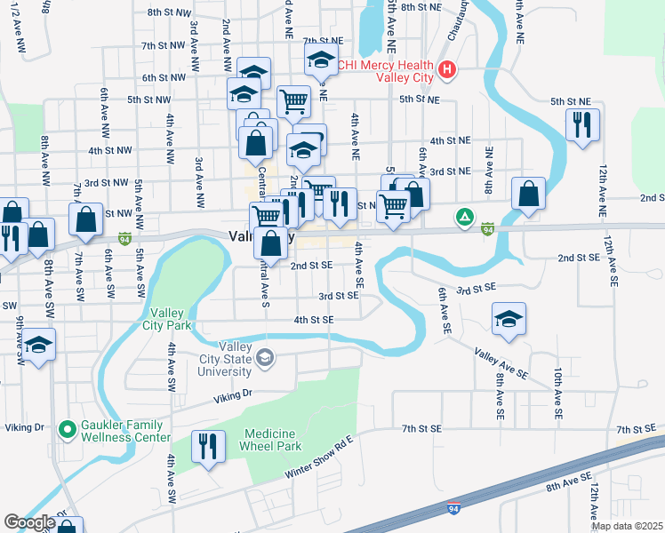 map of restaurants, bars, coffee shops, grocery stores, and more near 322 Main Street East in Valley City