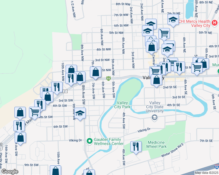 map of restaurants, bars, coffee shops, grocery stores, and more near 107 County Highway 21 in Valley City