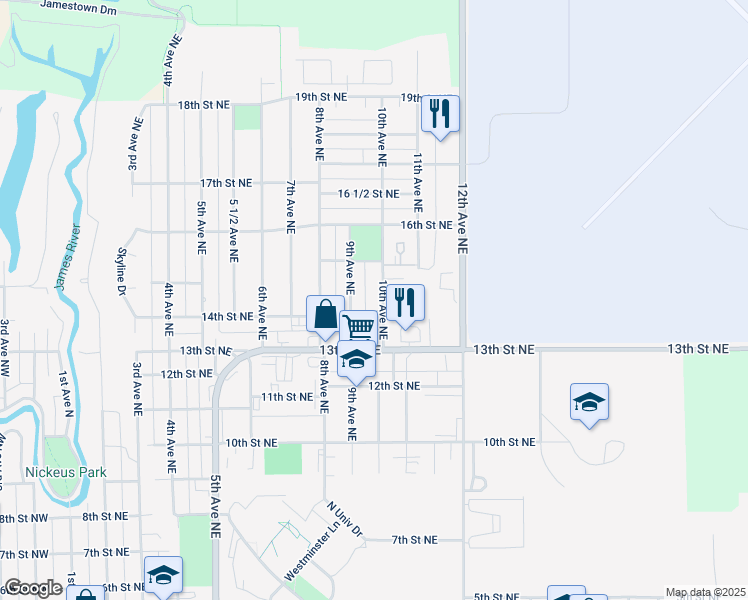 map of restaurants, bars, coffee shops, grocery stores, and more near 911 14th Street Northeast in Jamestown