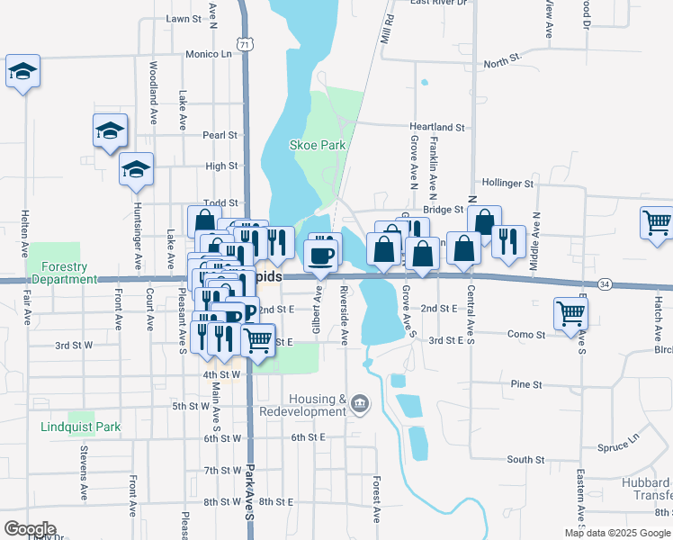 map of restaurants, bars, coffee shops, grocery stores, and more near 313 1st Street East in Park Rapids