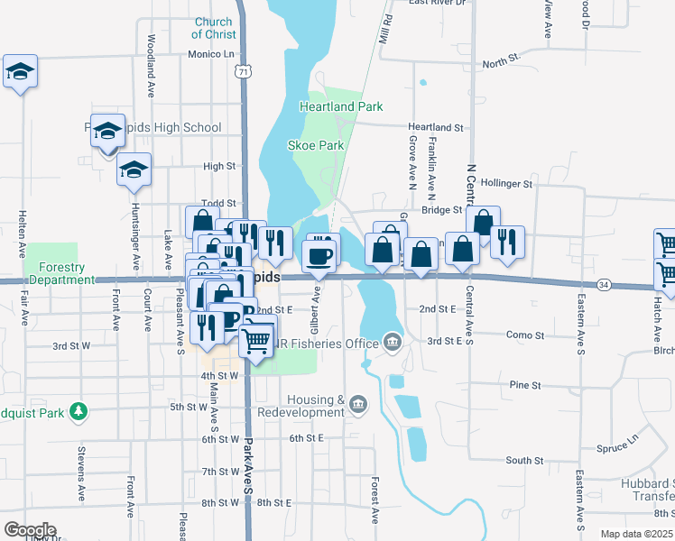 map of restaurants, bars, coffee shops, grocery stores, and more near 313 1st Street East in Park Rapids
