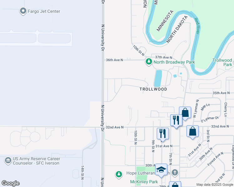 map of restaurants, bars, coffee shops, grocery stores, and more near 1200 Monte Carlo Drive in Fargo