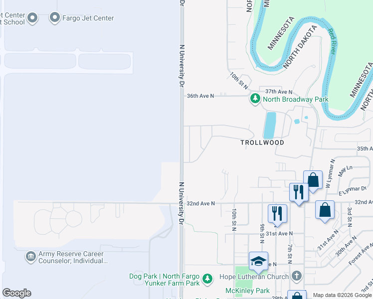 map of restaurants, bars, coffee shops, grocery stores, and more near 3400-3598 North University Drive in Fargo