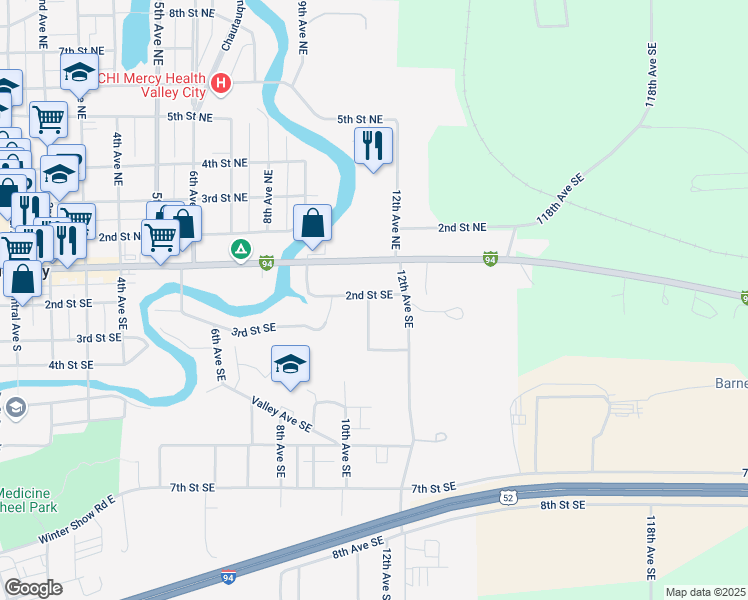 map of restaurants, bars, coffee shops, grocery stores, and more near 1110 2nd Street Southeast in Valley City