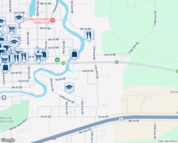 map of restaurants, bars, coffee shops, grocery stores, and more near 1195 Main Street East in Valley City
