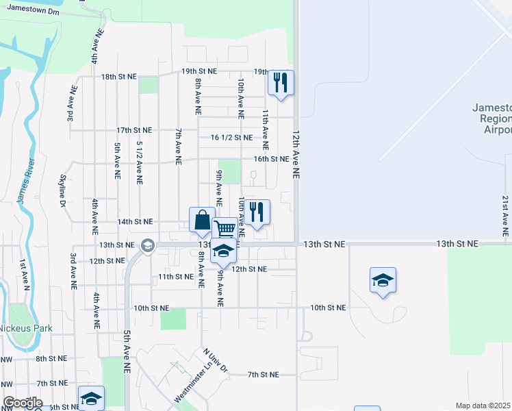 map of restaurants, bars, coffee shops, grocery stores, and more near 1400 10th Avenue Northeast in Jamestown