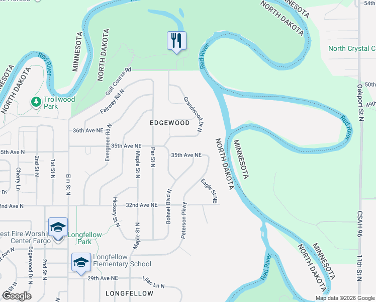 map of restaurants, bars, coffee shops, grocery stores, and more near 134 35th Avenue Northeast in Fargo