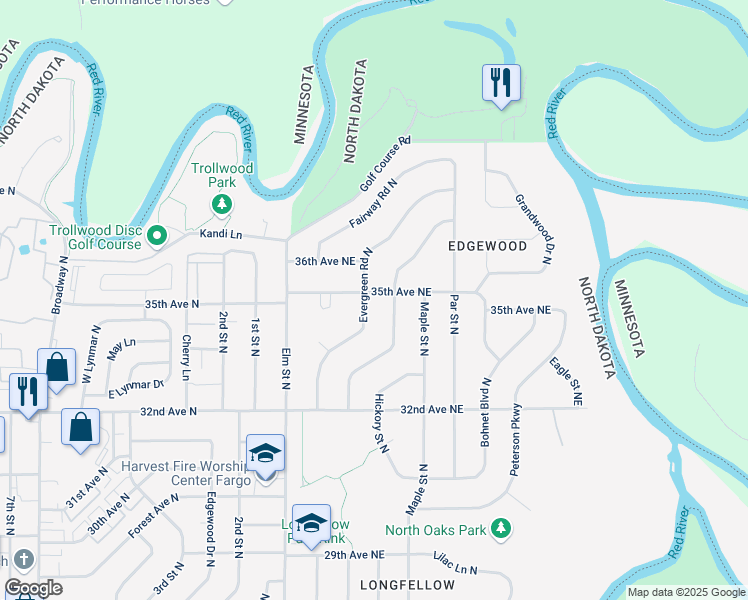 map of restaurants, bars, coffee shops, grocery stores, and more near 3502 Longfellow Rd NE in Fargo