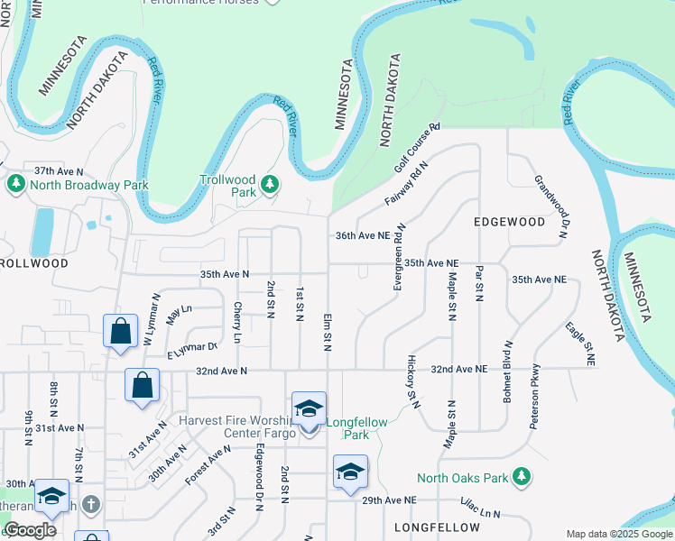 map of restaurants, bars, coffee shops, grocery stores, and more near 3508 Elm St N in Fargo