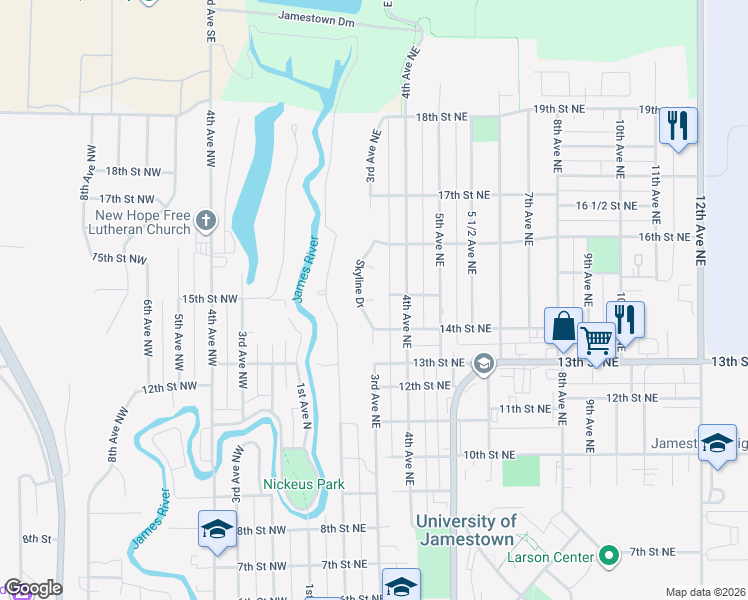 map of restaurants, bars, coffee shops, grocery stores, and more near 1599 Skyline Ln in Jamestown