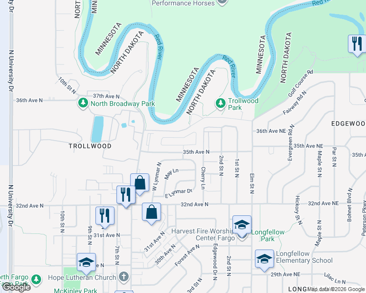 map of restaurants, bars, coffee shops, grocery stores, and more near 299 Circle Drive in Fargo