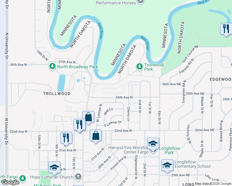 map of restaurants, bars, coffee shops, grocery stores, and more near 299 Circle Drive in Fargo