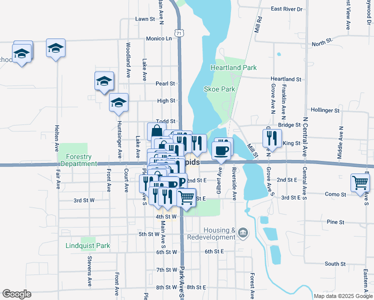 map of restaurants, bars, coffee shops, grocery stores, and more near 104 Park Avenue North in Park Rapids