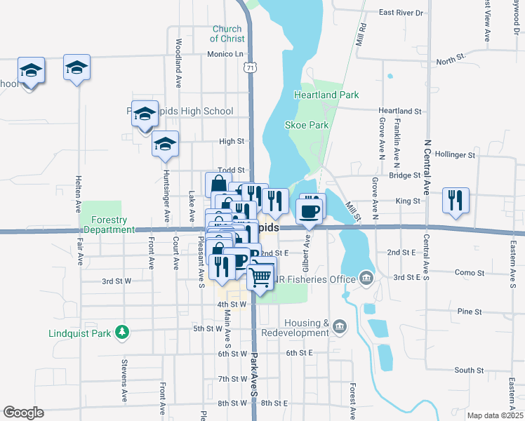 map of restaurants, bars, coffee shops, grocery stores, and more near 104 Park Avenue North in Park Rapids