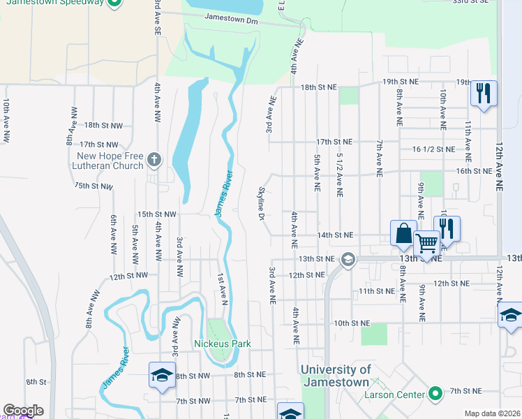 map of restaurants, bars, coffee shops, grocery stores, and more near 1401-1599 Skyline Ln in Jamestown
