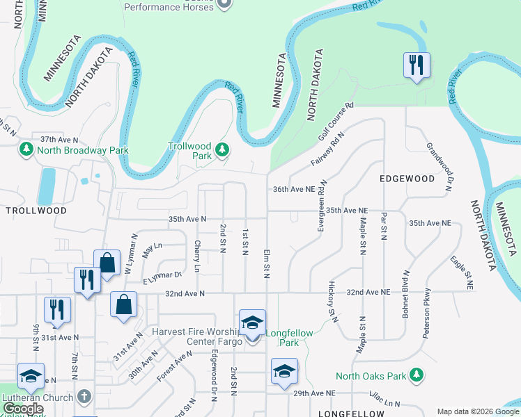 map of restaurants, bars, coffee shops, grocery stores, and more near 3508 Elm St N in Fargo