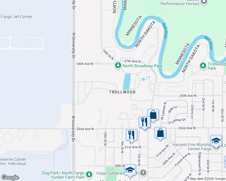 map of restaurants, bars, coffee shops, grocery stores, and more near 938 Monte Carlo Drive in Fargo
