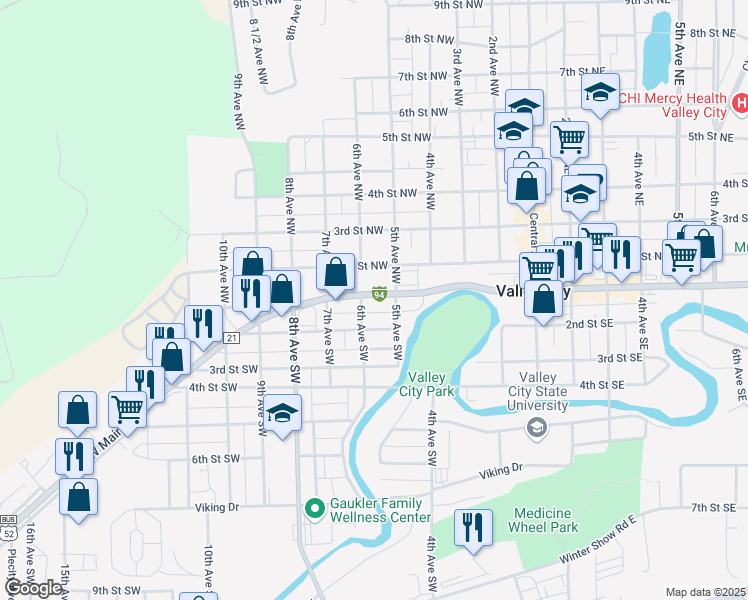 map of restaurants, bars, coffee shops, grocery stores, and more near 107 County Highway 21 in Valley City