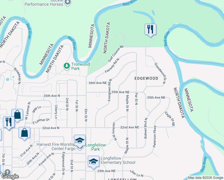 map of restaurants, bars, coffee shops, grocery stores, and more near 3501 Evergreen Road North in Fargo