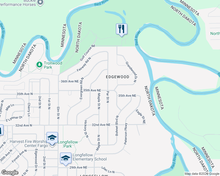 map of restaurants, bars, coffee shops, grocery stores, and more near 3501 Par Street North in Fargo