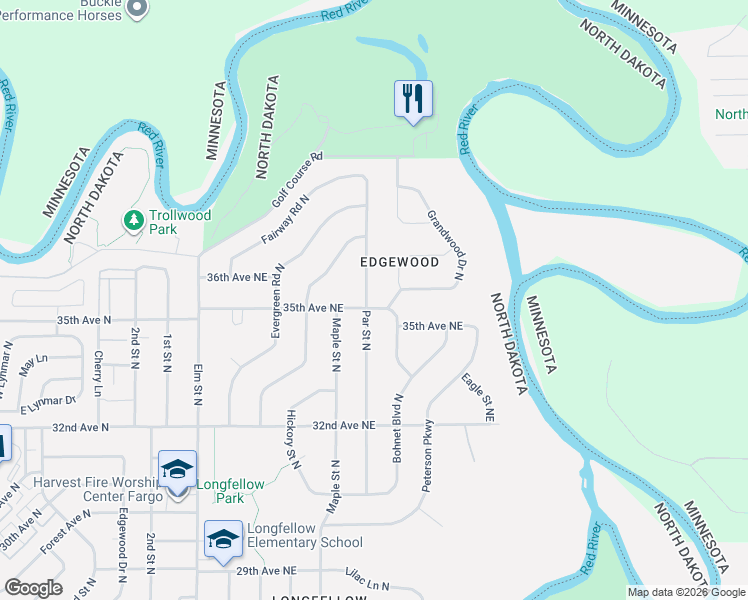 map of restaurants, bars, coffee shops, grocery stores, and more near 3501 Par Street North in Fargo