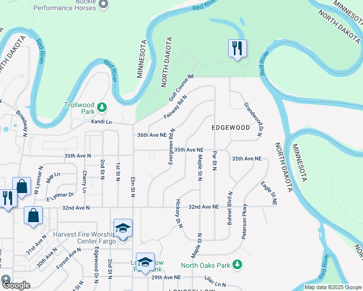 map of restaurants, bars, coffee shops, grocery stores, and more near 3502 Longfellow Road North in Fargo